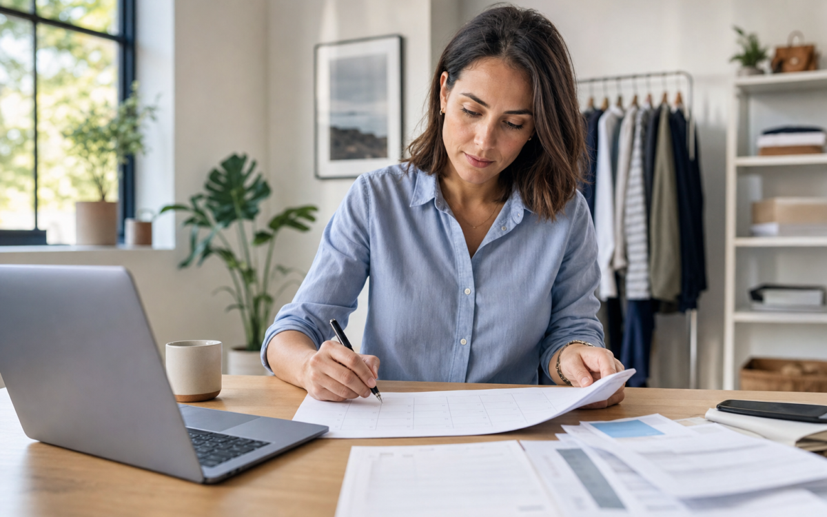 Small-business owner reviewing a weekly cash calendar at a desk