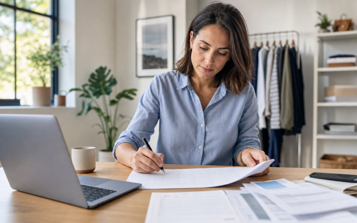 Small-business owner reviewing a weekly cash calendar at a desk